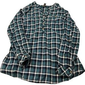 Eddie Bauer Tunic Shirt Women Size L Green White Blue Plaid Long Sleeve Cotton